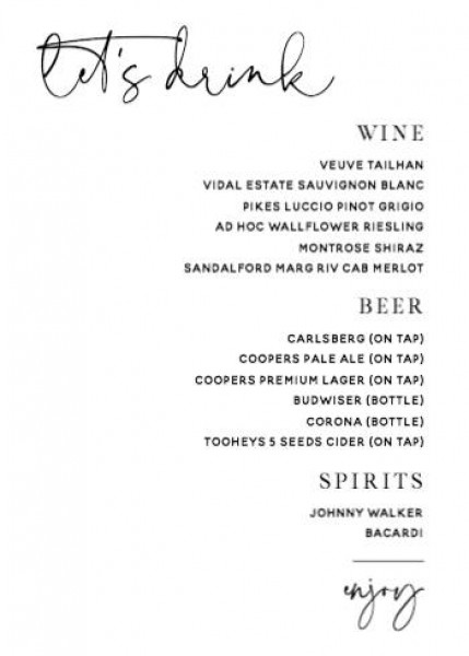 Wedding Chic Script Silka Minimalist Fully Sizes Menu Drink Cursive ...