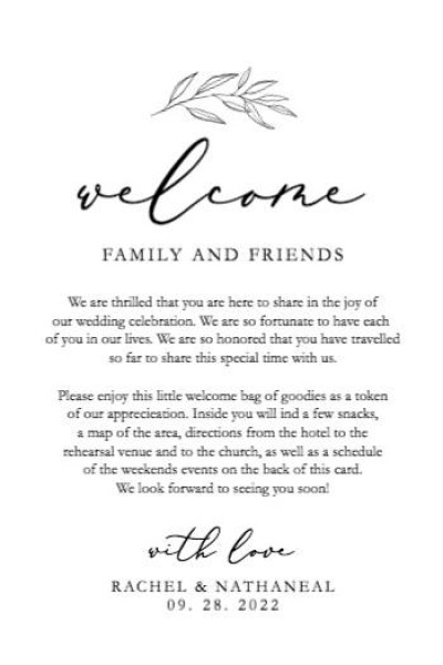 Card Wedding Welcome Sign Note Itinerary Back Bag Front Laurel Branch, Template, Designer Online
