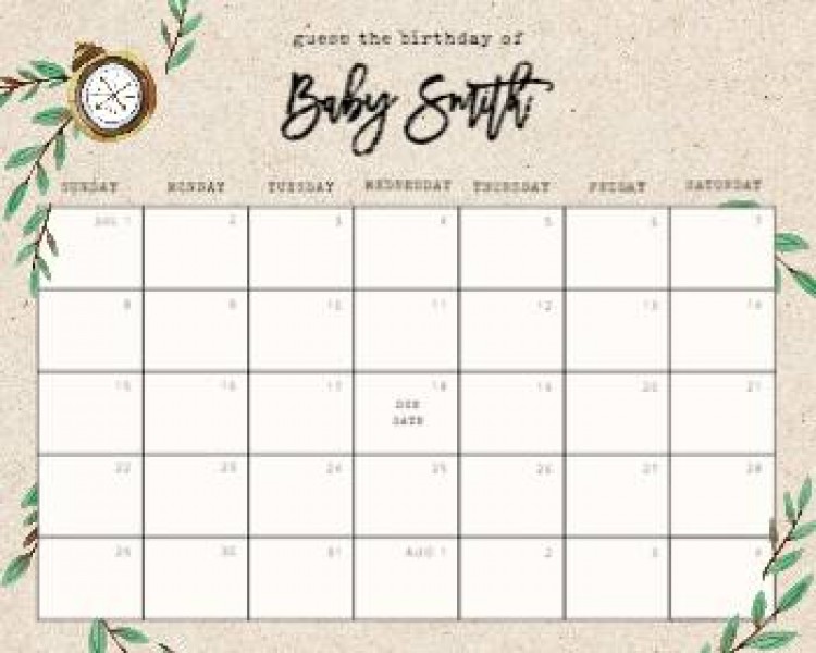 Baby Birthday Shower Date Game Predictions Adventure Awaits Calendar Due  Guess | Template | Designer Online | WAYAK