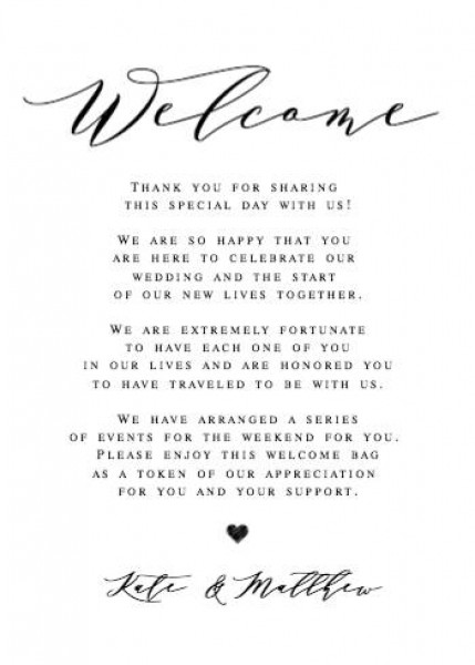 PRINTABLE Wedding Hotel Welcome Bag Note With Heart Swashes 